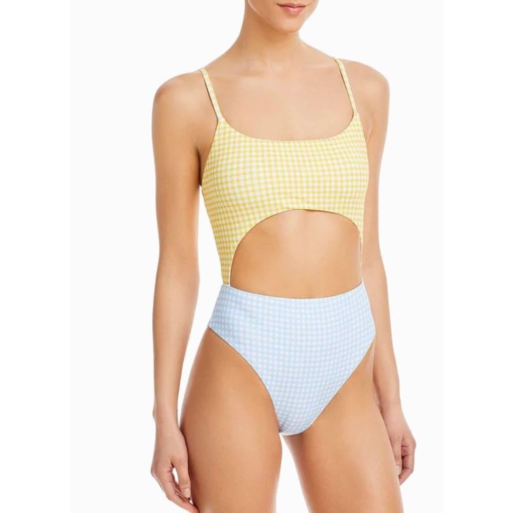 Aqua One-Piece Swimsuit Cut-Outs Checkered Cornflower Blue & Yellow XL NWT